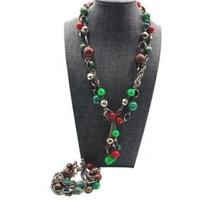 Vintage Kramer of New York SET Bead Glass Crystal Gold Tone Bib Necklace